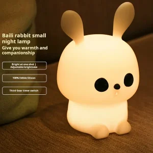 Cute Bunny Night Light - Silica LED Squishy Animal Night Lamp, Dimmable Nightlight for Sleeping, Rechargeable Touch Lamp, Kawaii Decor, Funny Gift