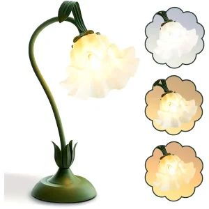 Flower Table Lamp, LED Reading Light Bedside Vintage Flower Night Light, 3 Colors Modes Kawaii Bedside Lamps Decor, Living Room Bedroom Room Lighting Table Lamps Home Decoration (Green)