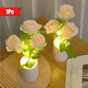 1pc Artificial Rose Bouquet Night Light, Creative Bedroom Bedside Lamp, Home Decor Plastic Accent Light, Warm White Illuminating Flower Piece For Ambiance