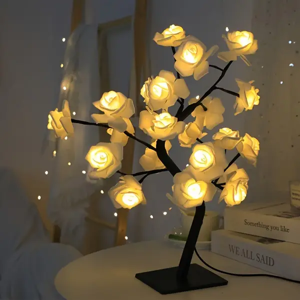 1Pc LED Rose Tree Table Lamp, Romantic Bedroom Accent Light, Bedside Decorative Nightlight for Sleep Atmosphere, Plastic Floral Illumination Desk Ornament