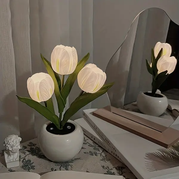 1pc Tulips Flower Night Light For Room Decor, LED Charging Flower Potted Night Light, Cute Small Tulips Bedside Lamp For Bedroom Wedding Living Room Party Decor